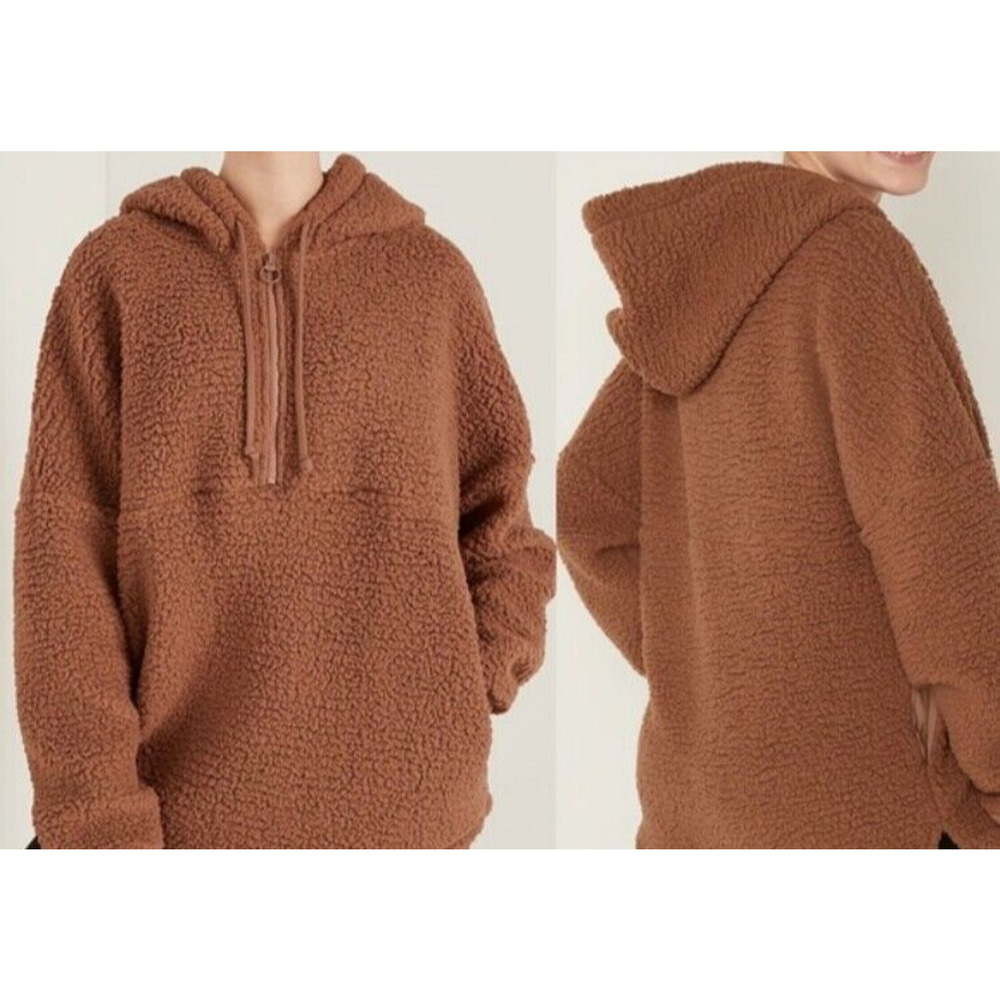 Victoria’s Secret PINK Teddy Sherpa Half Zip Boyfriend Hoodie - Brown - NWT